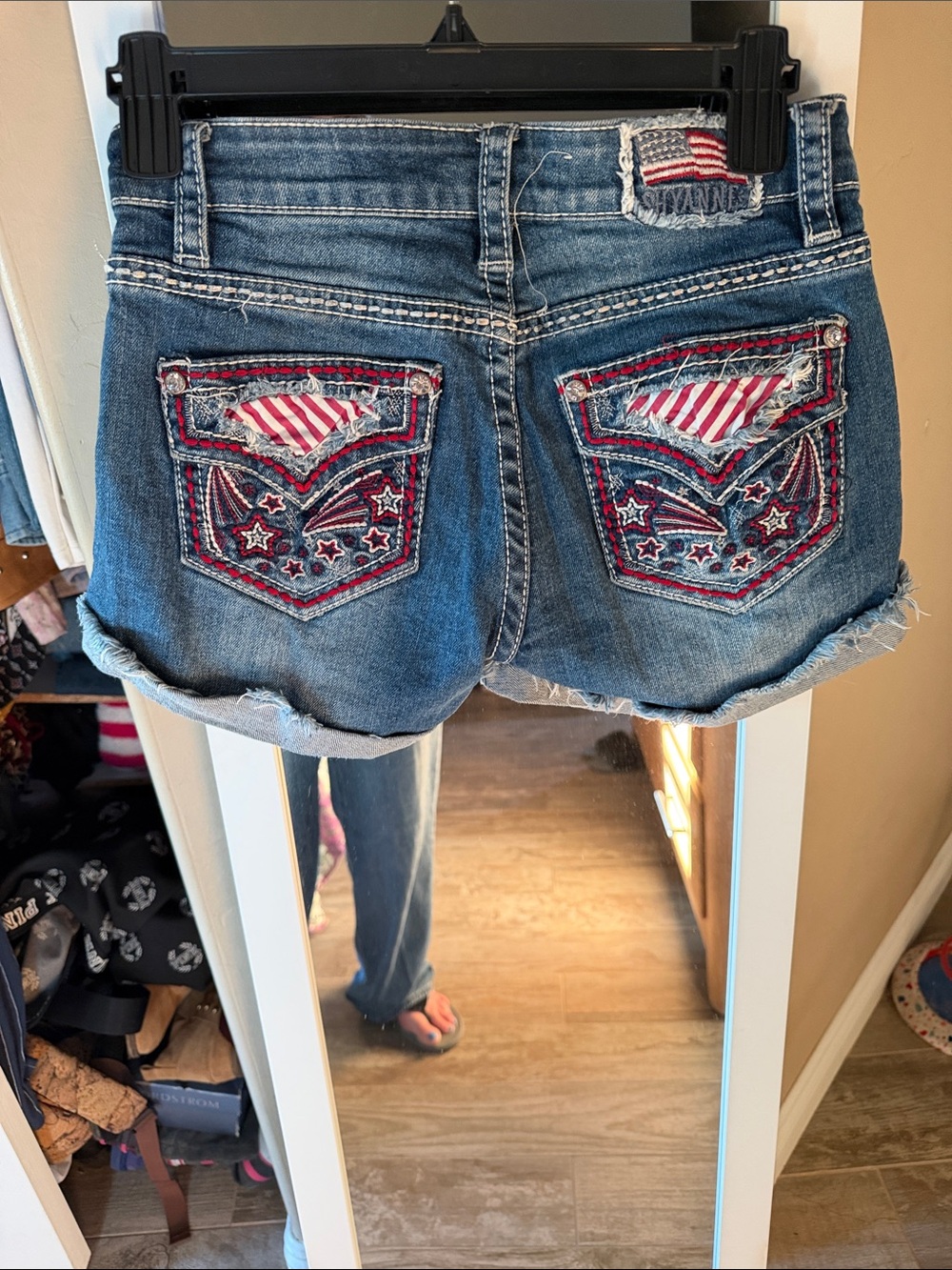 Shyanne Distressed Blue Denim Shorts with Red & White Pocket Flags